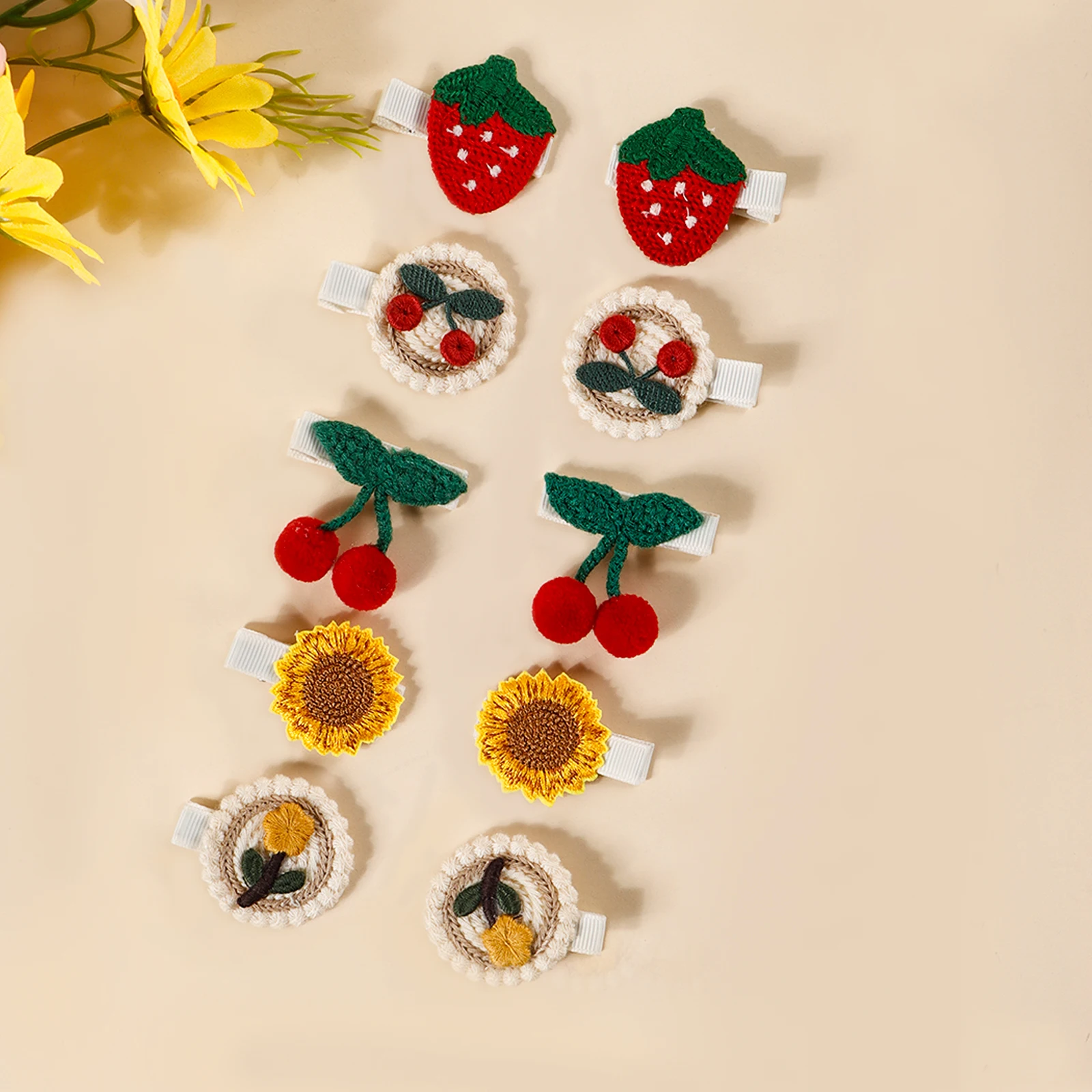 10Pcs 딸기 체리 해바라기 헝겊 클립 아기 귀여운 조합 머리핀 어린이 헤어 액세서리 외부 사진 찍기