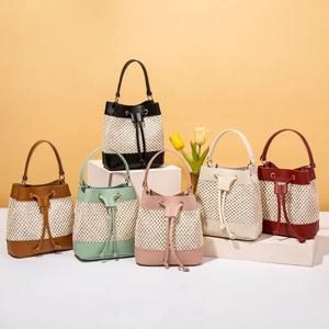 번들 포켓 밀짚 크로스 바디 백 통근 핸드백 Drawstring 버킷 백 메신저 백 대용량 비치 숄더 백 소녀