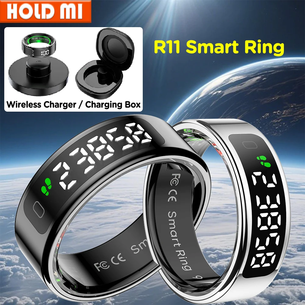 R11 스마트 링 남성 여성 디스플레이 화면 무선 또는 충전 박스, 건강 수면 모니터 5 ATM 방수 for iphone Android
