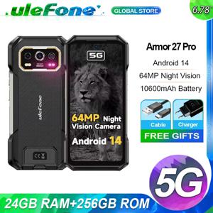 Ulefone Armor 27 Pro 5G 견고한 전화기 10600mAh 스마트폰 50MP 카메라 64MP 야간 안드로이드 14 최대 24GB+256GB NFC 방수 전화기