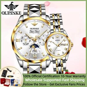 OLEVS Moon Phase 커플 시계 남성용 여성용 오리지널 기계식 시계 세트 텅스텐 스틸 방수 크로노 그래프 연인 시계