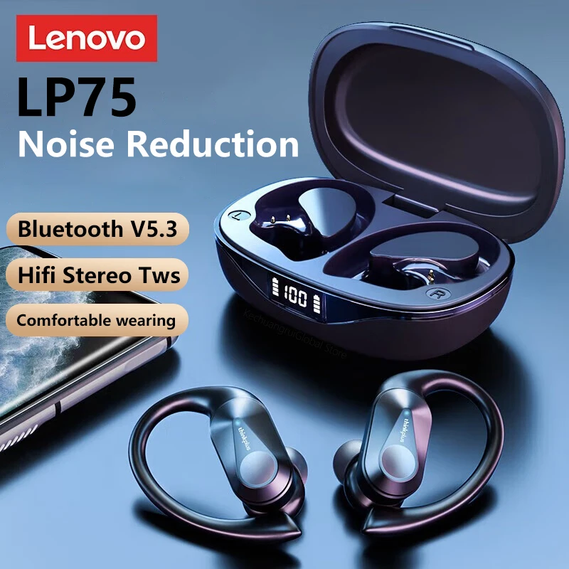 Lenovo LP75 TWS 무선 Bluetooth V5.3 이어폰 IPX5 디지털 디스플레이 이어 후크 이어 버드 HiFi 스테레오 소음 감소 헤드폰