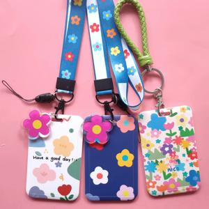 DIY 사랑스러운 꽃 일본과 한국 그물 레드 카드 세트 id 카드 패스 교수형 액세서리 홀더 키 체인 매는 밧줄 패스 카드 홀더