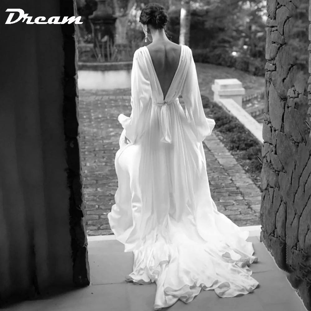 DREAM 맞춤형 V넥 긴 퍼프 소매 보보 웨딩 원피스, 2025 백리스 하이 슬릿 스윕 트레인, 심플한 쉬폰 신부 가운