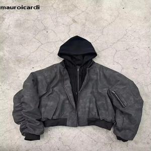 Mauroicardi 봄 오버 사이즈 빈티지 블랙 가짜 스웨이드 가죽 자켓 남성 지퍼 가짜 2 피스 럭셔리 디자이너 의류 까마귀 2024