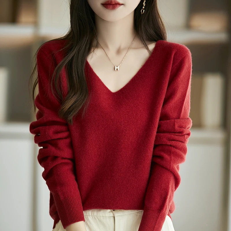 새로운 여성 양모 스웨터 v 넥 긴 소매 풀오버 소프트 30% 메리노 울 니트 봄 가을 캐시미어 세련된상의