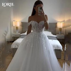 LORIE 빈티지 반짝이 레이스 웨딩 원피스, A 라인 샤이니 오프 숄더, 연인 신부 가운, 반짝이는 공주 신부 가운, 맞춤형