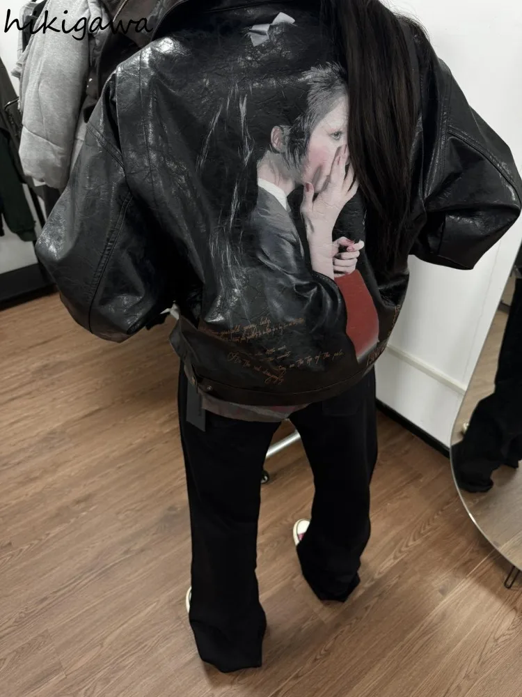 하라주쿠 PU 여성 재킷, 가을 겨울 의류, 프린트 빈티지 아웃웨어, BF 캐주얼 패션, Y2k 상의, 한국 가죽 코트