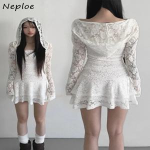네플레 트렌디 뉴 스트릿웨어 맞춤형 가디건 빈티지 로즈 레이스 홀 아웃 후디 숏 여성용 긴팔 레이스업 모다 스목