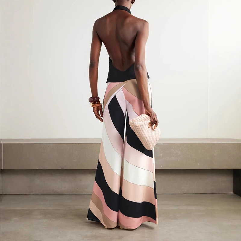 빈티지 대비 색 민소매 넓은 다리 점프 슈트 우아한 슬림 오프 어깨 홀터 Playsuits 여름 섹시한 백 레스 여성 Romper
