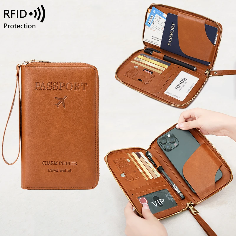 RFID 차단 여권 소지자, 여행용 지갑, 티켓, 신용 카드 가방, 손목 스트랩이 있는 다기능 지퍼 지갑, 패션