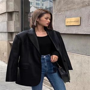블랙 PU 가죽 정장 재킷 여성 캐주얼 스타일 가을 새로운 도착 빈티지 고품질 유행 streetwear 루즈 피트