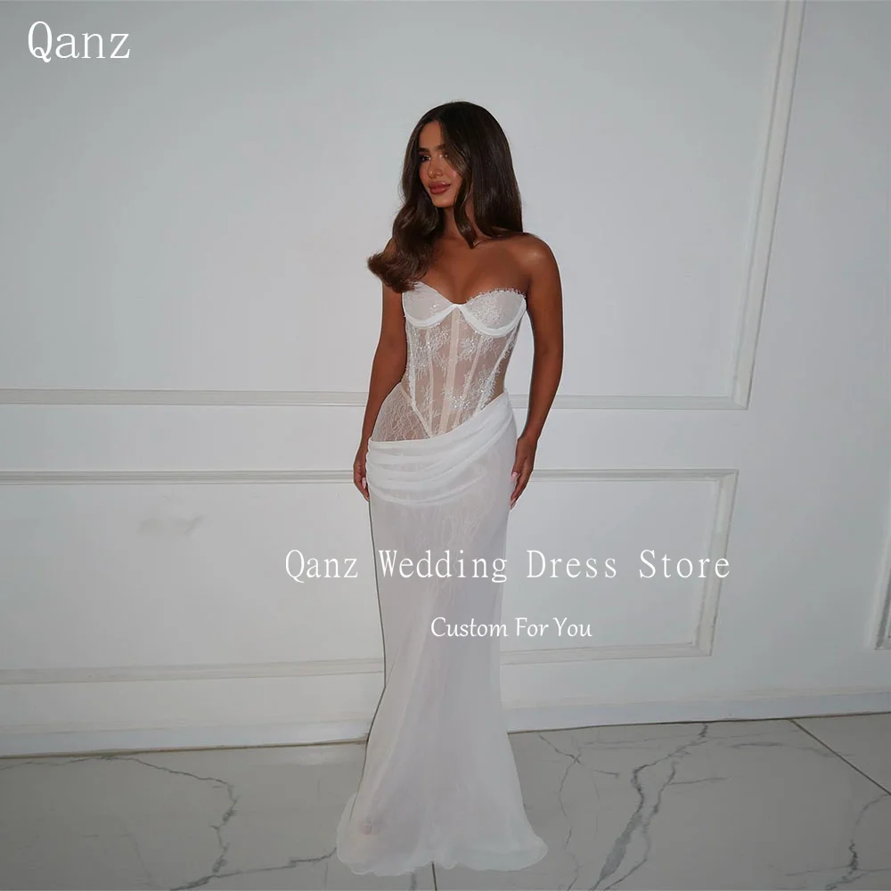 Qanz 현대 웨딩 드레스 연인 쉬폰 인어 신부 가운 레이스 아플리케 코르셋 Vestido De Novia Boda Customized