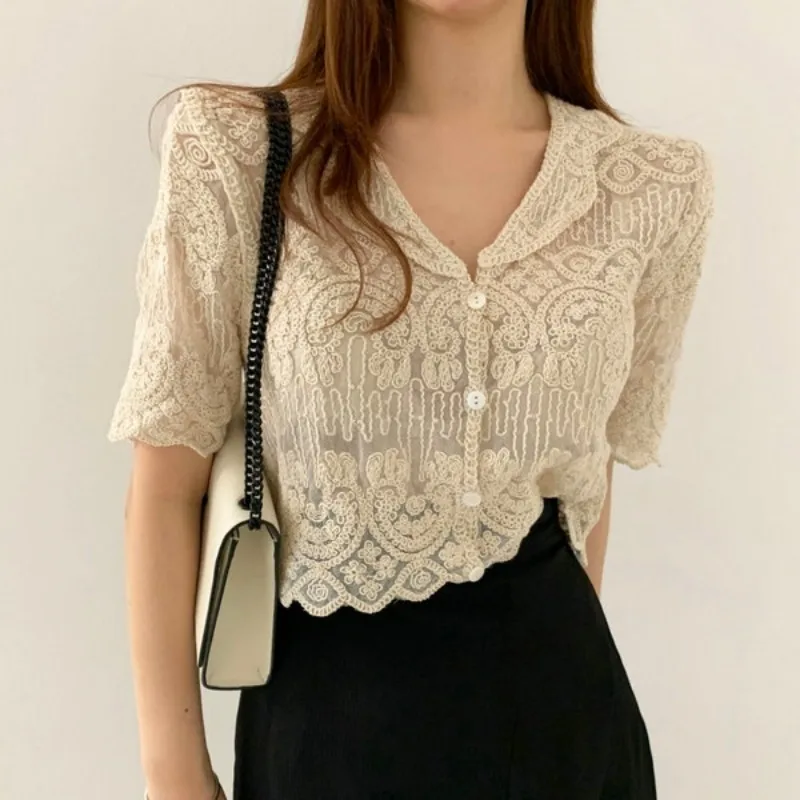 깎아 지른 자수 레이스 블라우스 커버 탑 짧은 소매 단추 프론트 카디건 여성 여름 Boho 휴가 복장
