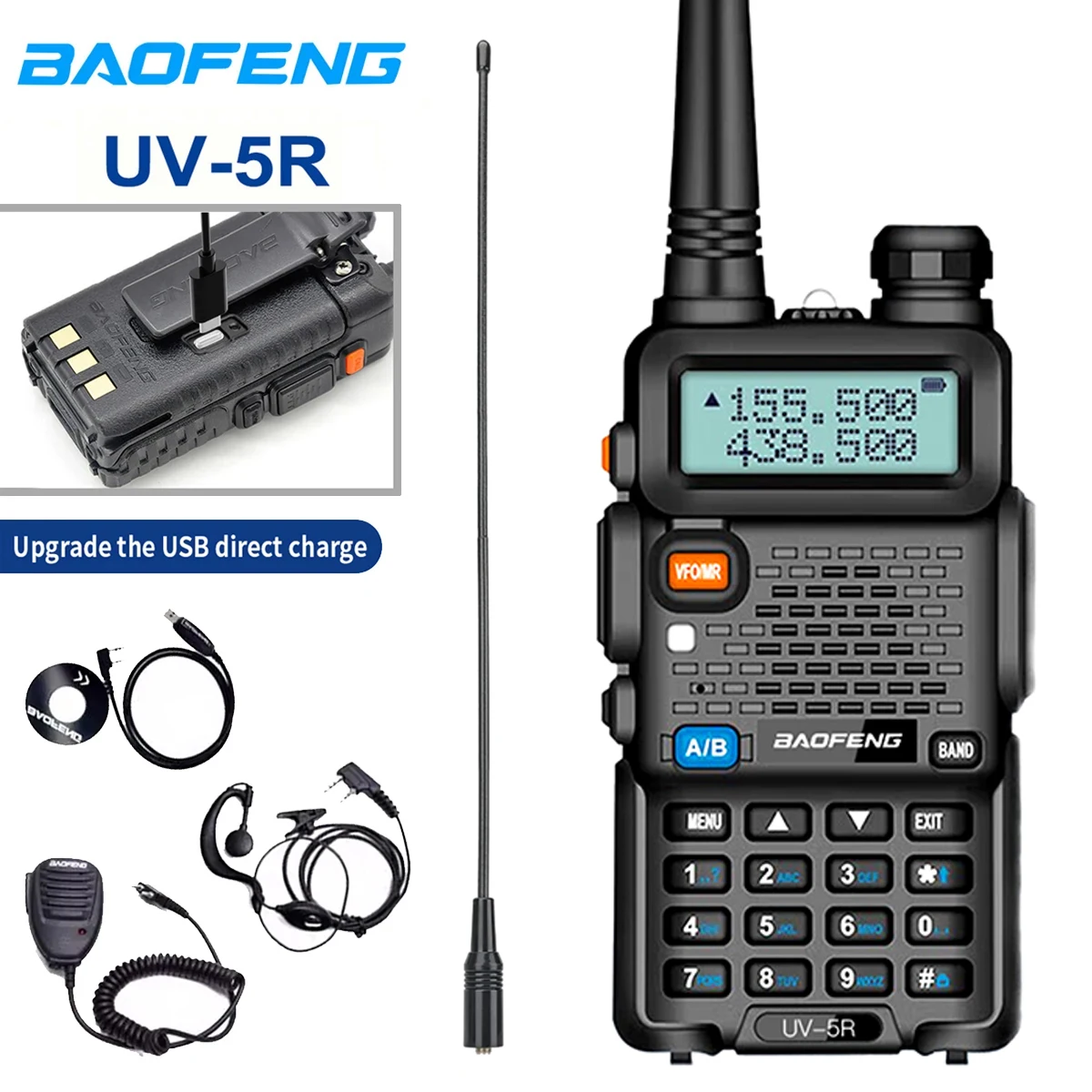 바오펑 UV-5R USB 장거리 듀얼 밴드 햄 아마추어 VHF UHF FM CB 128CH 휴대용 장거리 무전기