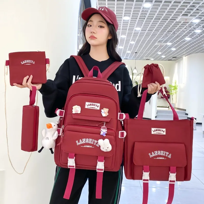 무료 펜던트 5피스 세트 포레스트 스타일 한국어 버전 캐주얼 하라주쿠 학생 배낭 고등학생 대용량