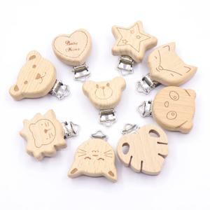 5PCS 나무 토끼 스타 젖꼭지 클립 아기 액세서리 나무 동물 젖꼭지 금속 홀더 코끼리 젖꼭지 나무 아기 치아