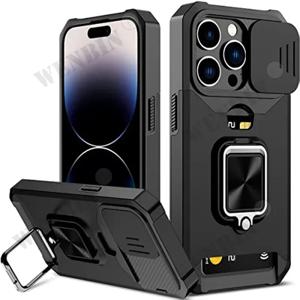 아이폰 17 16 15 14 13 12 Pro Max Plus 8 7 Plus 미니용 슬라이딩 카메라 커버 및 카드 클립 커버가 있는 헤비 듀티 보호 케이스