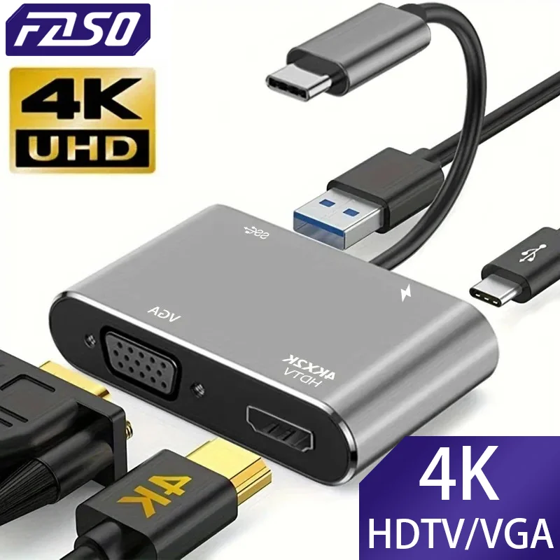 FASO USB 허브 4-in-1 유형 C 어댑터 허브-HDTV VGA USB 3.0 디지털 AV 멀티 포트 어댑터(TYPE-C PD 충전 포트 호환 가능)