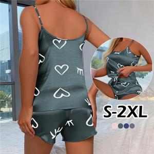여성 아이스 실크 잠옷 잠옷 파자마 세트 캐미솔 반바지 L XL XXL 그레이 핑크 로우 컷 편안한 캐주얼 여름