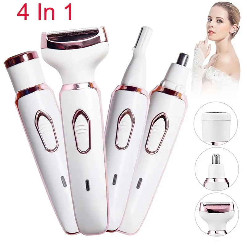 여성용 4 in 1 전기 면도기, 전신 헤어 트리머, 팔 겨드랑이 개인 제모기, 건식 및 습식 무통 제모기