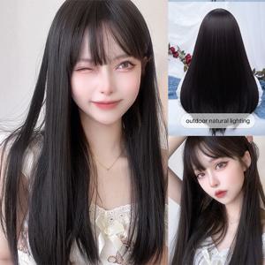 여성용 다크 다크 브라운 합성 가발, 앞머리 긴 천연 스트레이트 헤어 가발, 데일리 사용, 코스프레 내열성 로리타, 24 인치