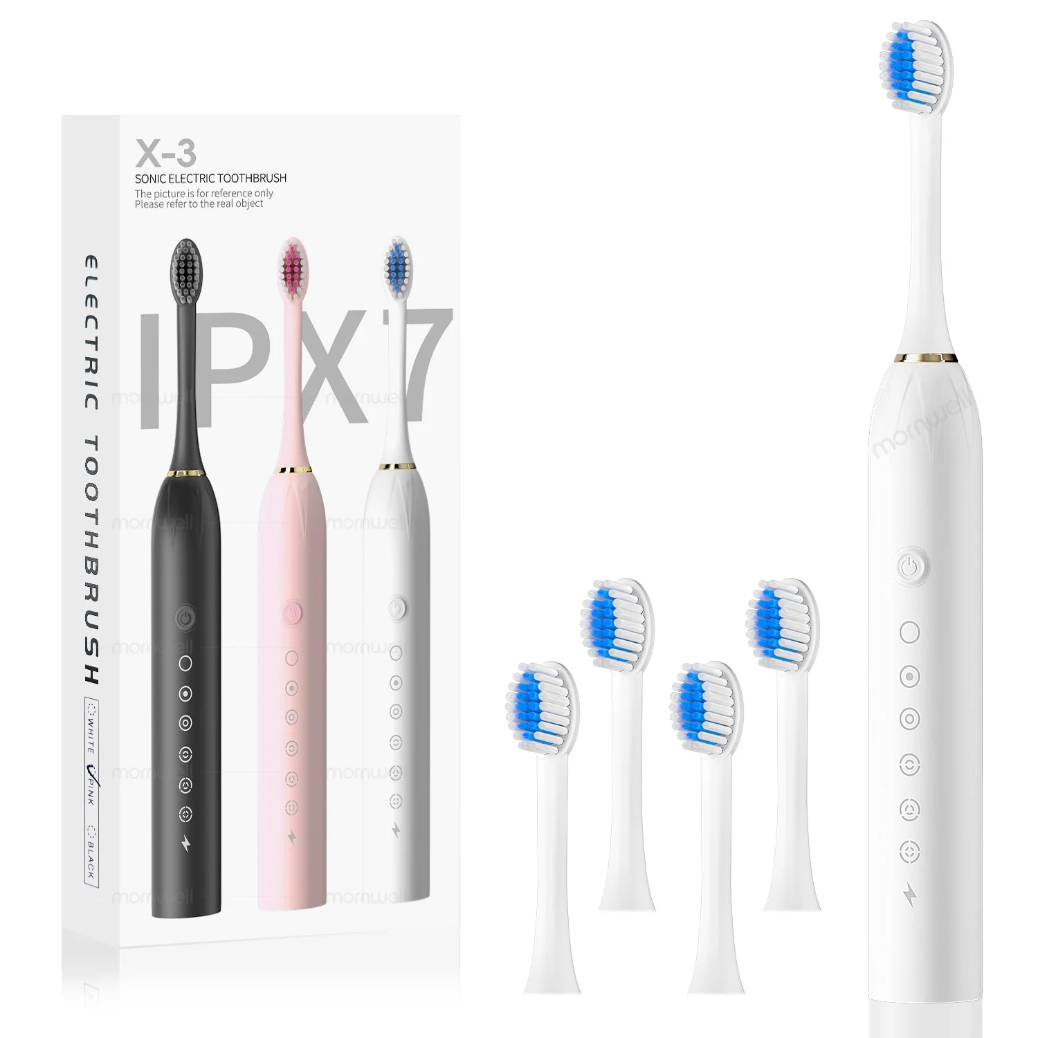 전동 칫솔 IPX7 방수 듀폰 브러시 헤드 USB 충전식 고주파 청소 치아용 6 가지 청소 모드-화이트