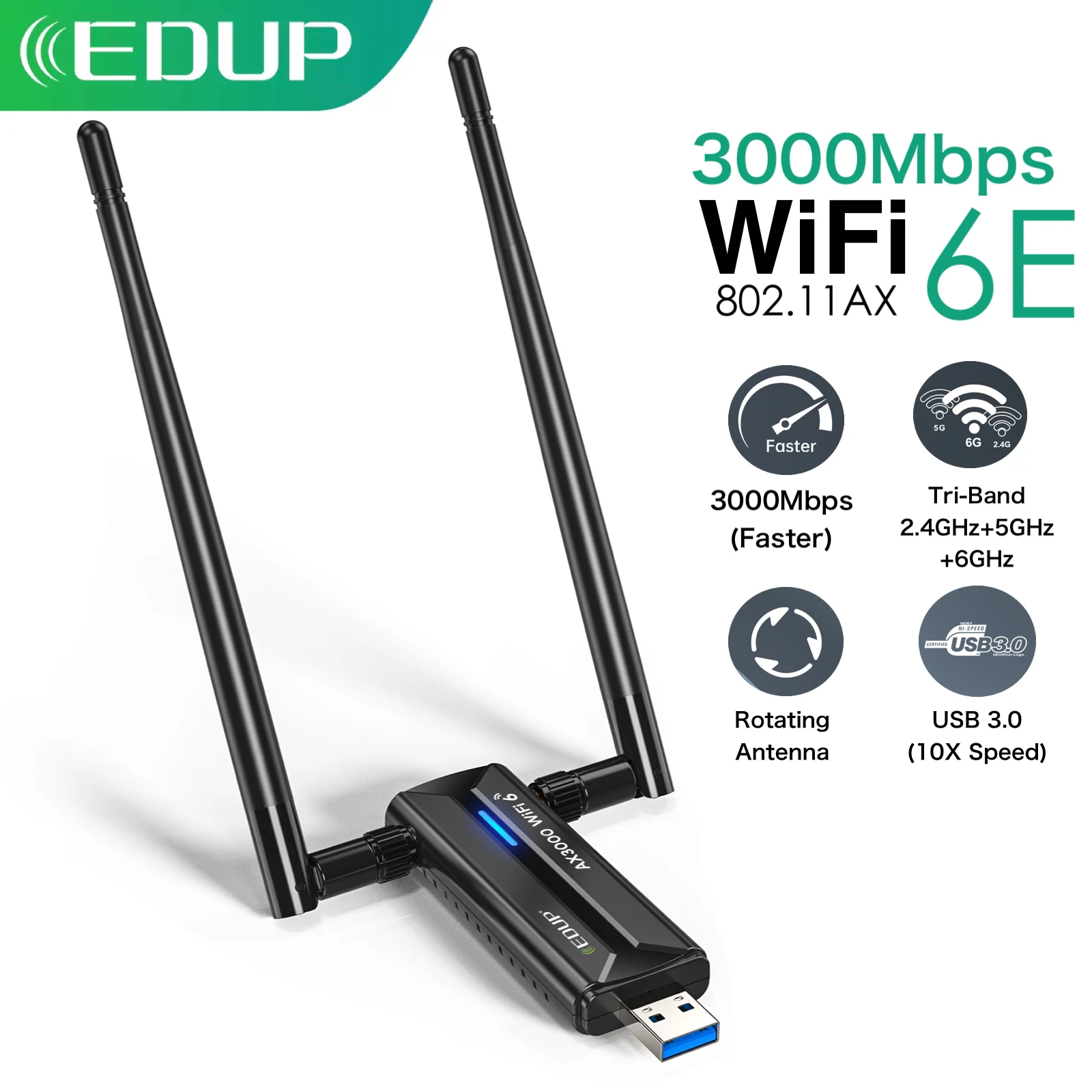 EDUP WiFi 6E 무선 네트워크 카드 3000Mbps USB 3.0 WiFi 어댑터 트라이 밴드 2.4G 5G 6G 고 이득 안테나 Wifi 수신기 동글
