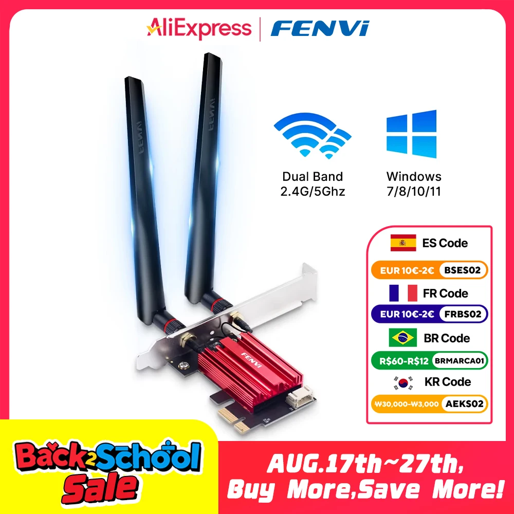 Fenvi 와이파이 PCI-E 무선 어댑터, 블루투스 4.0, 듀얼 밴드, 2.4G, 5GHz, AC1200 네트워크 카드, 데스크탑 PC Win 7, 8, 10/11, 1200Mbps