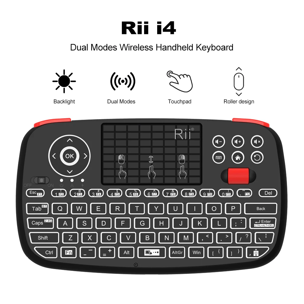 Rii i4 미니 BT 무선 키보드(터치패드 포함) Windows Android TV Box 스마트 TV용 2.4GHz 백라이트 마우스 원격 제어