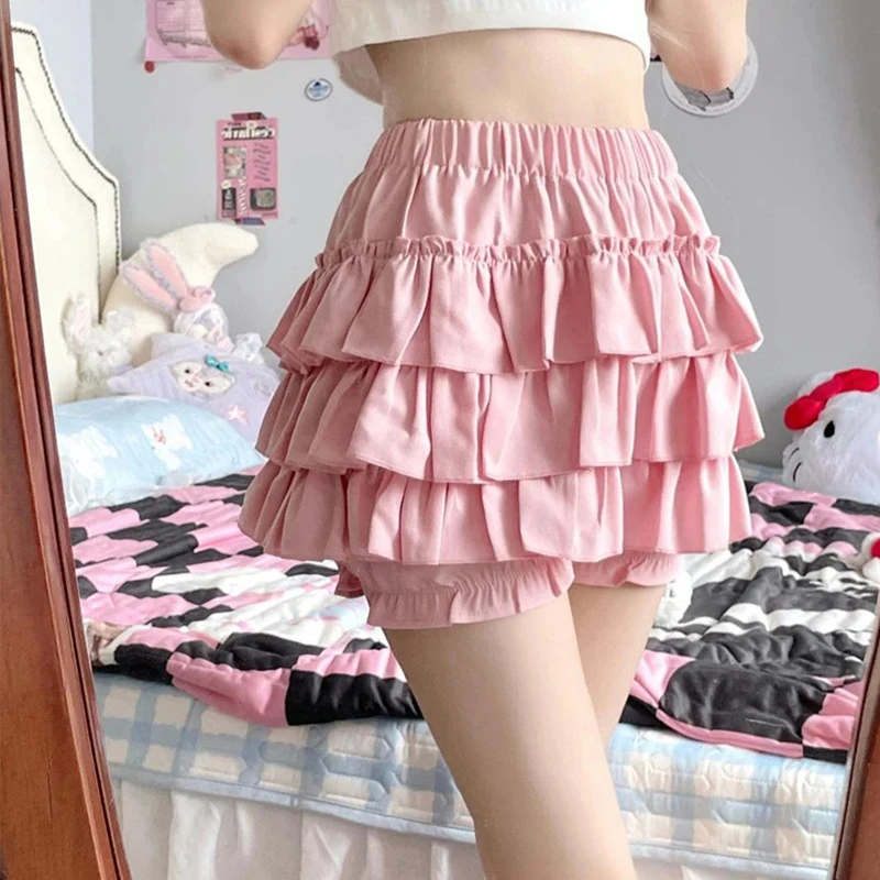 Y2K Sweet Ruffles 미니 스커트 여성 카와이 로리타 보우 라인 스커트 하라주쿠 일본 하이 웨스트 핑크 화이트 볼 가운 스커트