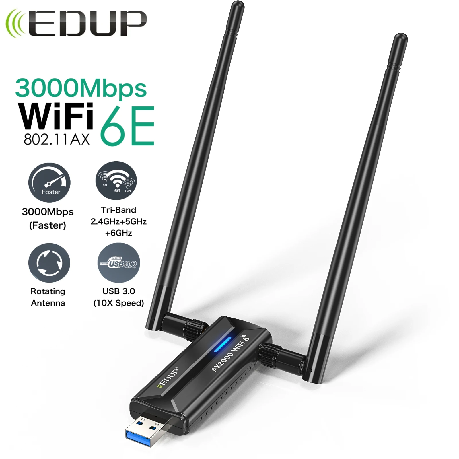 EDUP 3000Mbps WiFi 6E 무선 네트워크 카드 USB 3.0 WiFi 어댑터 트라이 밴드 2.4/5/6G Win 11/10 용 고 이득 안테나 Wifi 수신기