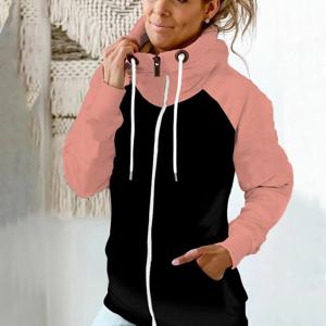 Drawstring 여성 까마귀 지퍼 후드 양털 대비 색 카디건 캐주얼 레이디 까마귀 캐주얼 가을 까마귀 레이디 스웨터