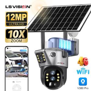 LS VISION 12MP 10X 줌 듀얼 스크린 태양광 카메라 야외 6K 4G/WiFi 3개 렌즈 인간 자동 추적 보안 카메라 V380 Pro App