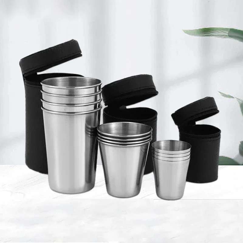 2025 4Pcs 야외 여행 스테인레스 스틸 컵 위스키 와인 케이스 휴대용 Drinkware 30ml/70ml/170ml에 대 한 미니 안경