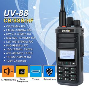 Iradio UV-88 멀티 밴드 햄 라디오 HF UHF VHF 워키 토키 AM USB LSB CW CB LW MW SW SSB RX 1024Ch USB-C 배터리 RT-860 변형