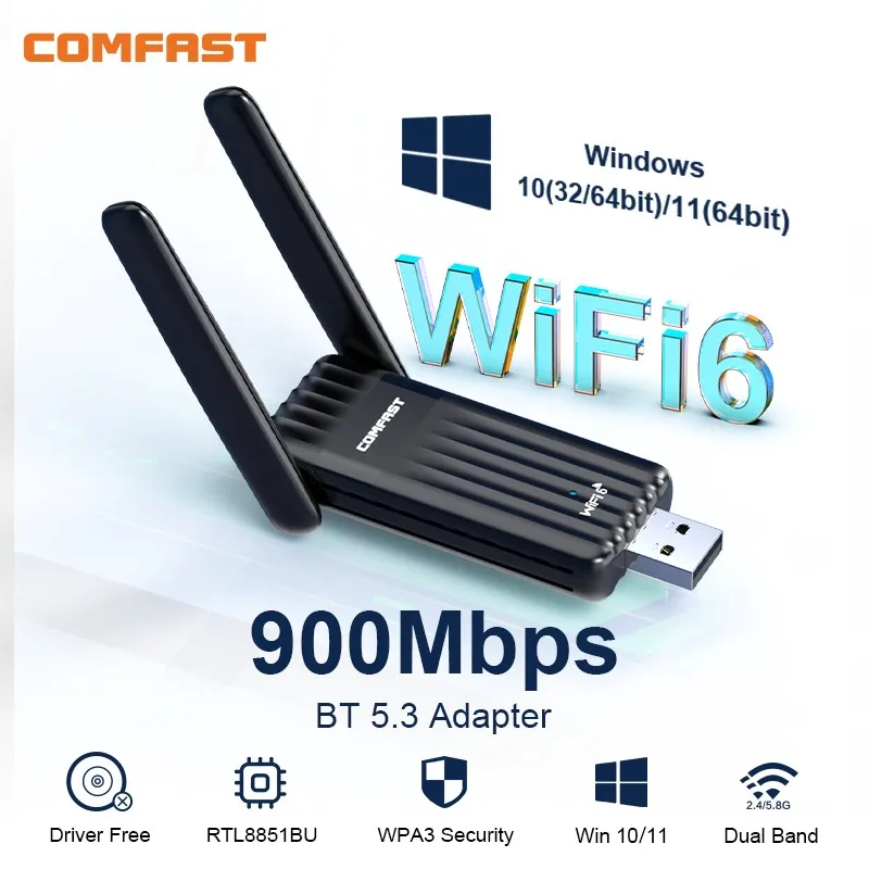 COMFAST 900Mbps WiFi 6 BT 5.3 USB 어댑터 듀얼 밴드 2.4/5G RTL8851BU 노트북 PC 용 무선 무료 드라이브 네트워크 카드 Win 10/11