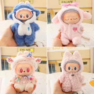 1pc 17cm Labubu 옷 귀여운 미니 봉제 인형 복장 액세서리 V1v2 인형 소녀 어린이 선물을위한 블루 상어 점프 슈트 눈사람 정장