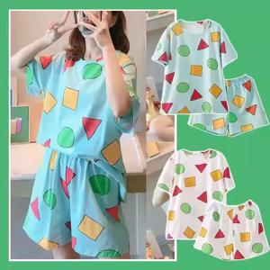 반팔 잠옷 여성 여름 만화 귀여운 기하학 잠옷 Homewear 캐주얼 풀오버 셔츠 Ladies Sleepwear Loungewear