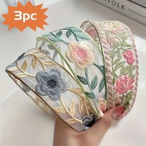 3One Pack 우아한 쉬폰 자수 꽃 머리띠 – ​​달콤한 꽃무늬 머리 스카프 헤어 타이 여성 패션 헤어 액세서리