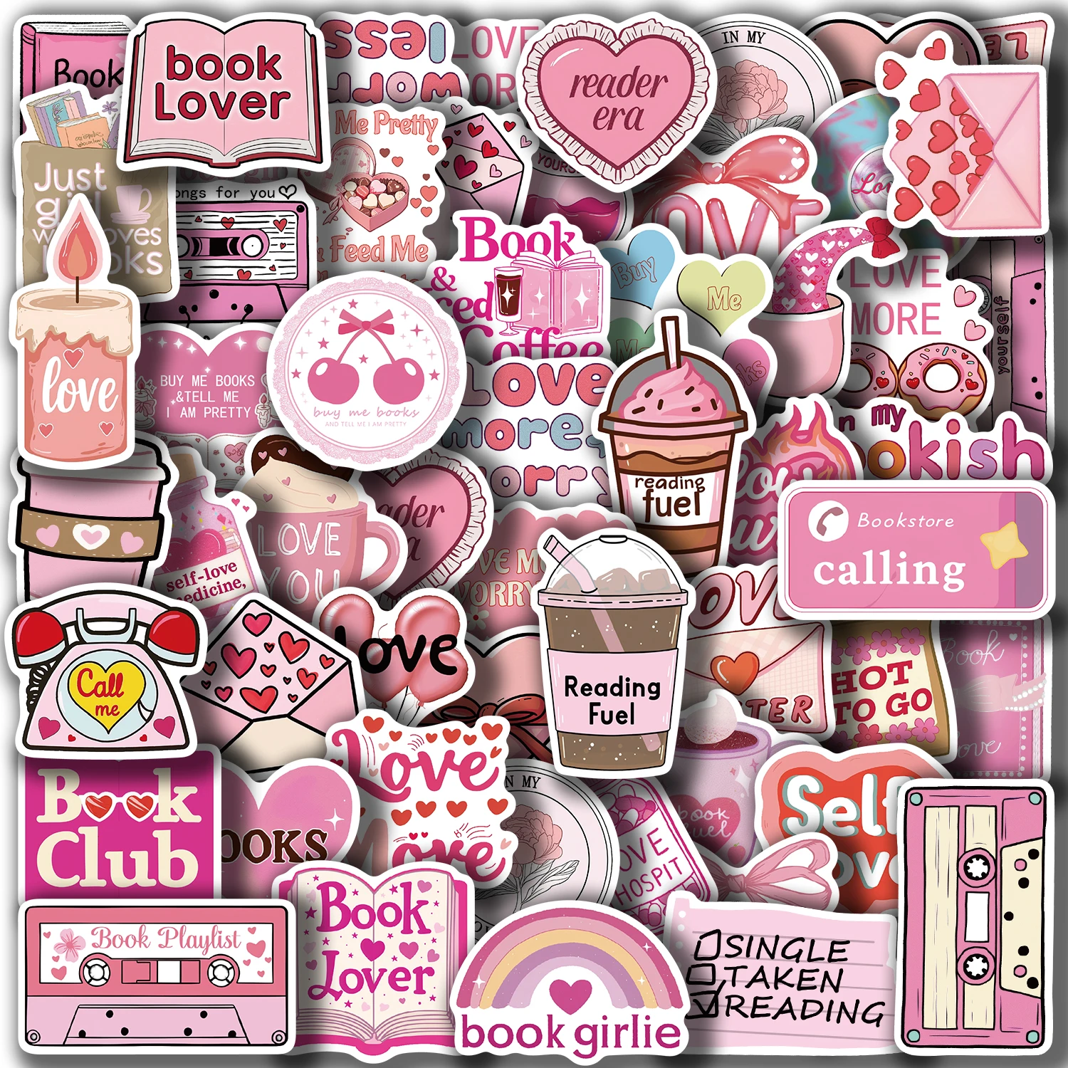 50pcs 핑크 Bookish Lover 영감 스티커 책 테마 데칼 노트북 물병 수하물 비닐 스티커 팩