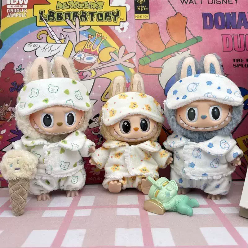 라부부 미니 3피스 파자마 세트 (아이 마스크 포함) 귀여운 아이돌 봉제인형 옷 15-17cm V1 V2 아동용 선물 액세서리