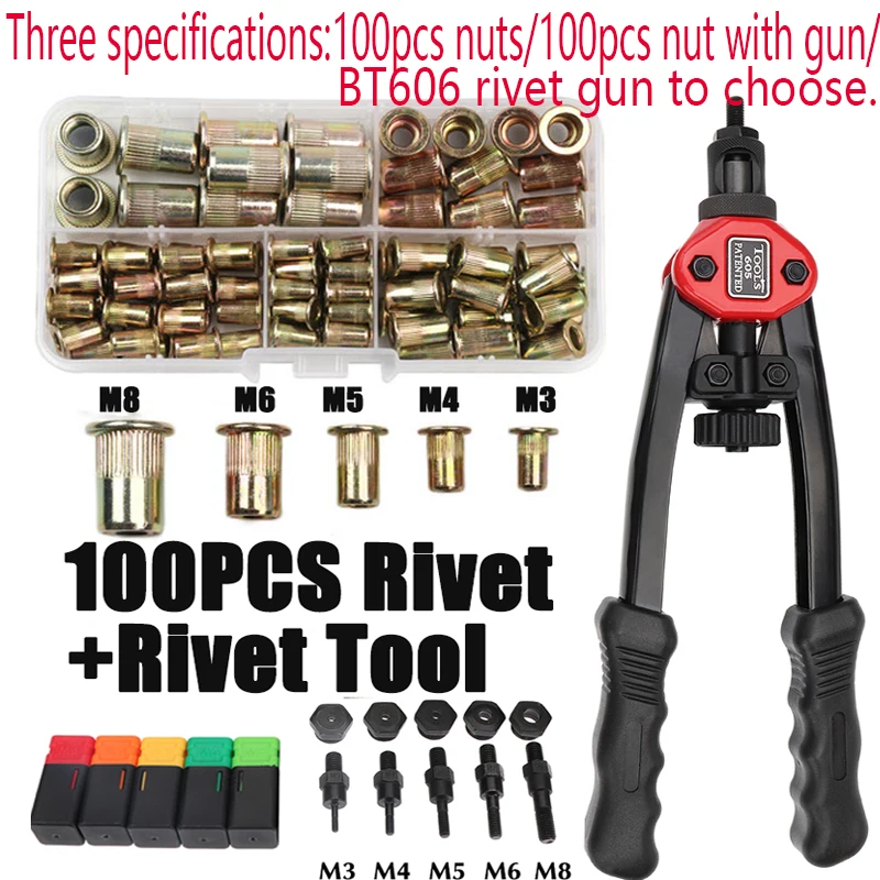 100pcs 리벳 너트 + 핸드 스레드 리벳 너트 건 BT606 M3 M4 M5 M6 M8 이중 삽입 수동 리베 터 건 리벳 팅 리브 너트 리벳 도구