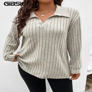 GIBSIE 플러스 사이즈 여성용 Tshirt 봄 가을 폴로 칼라 긴 소매 티셔츠 여성 캐주얼 립 니트 솔리드 티셔츠 2023
