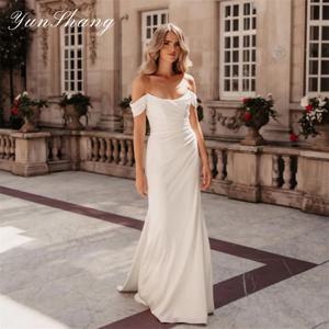 Yunshang 우아한 인어 웨딩 드레스 오프 숄더 스쿠프 칼라 오픈 백 크레페 신부 가운 vestidos de novia 맞춤형