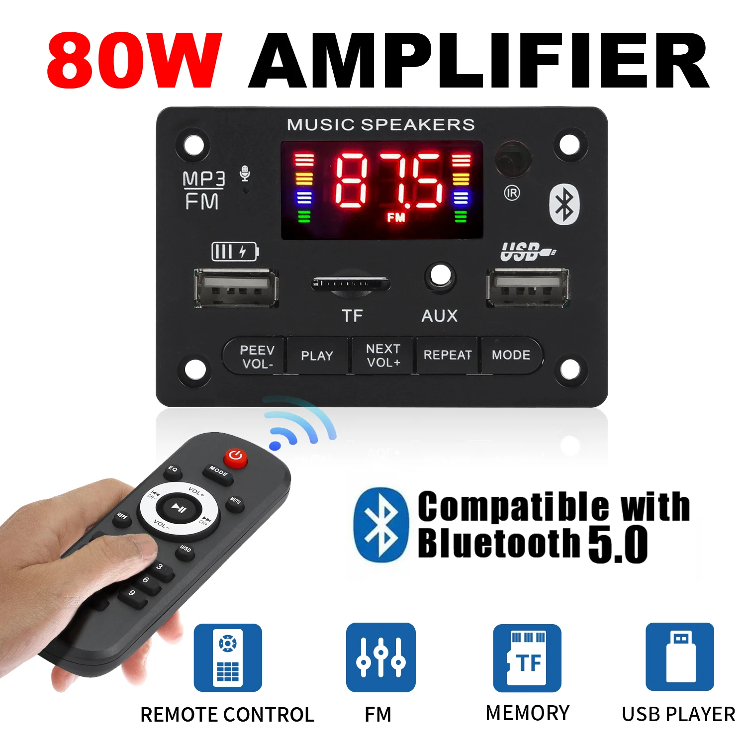블루투스 5.0 MP3 디코더 보드 2*40W 80W 증폭기 오디오 플레이어 12V DIY MP3 플레이어 자동차 FM 라디오 모듈 TF USB 마이크 녹음 통화