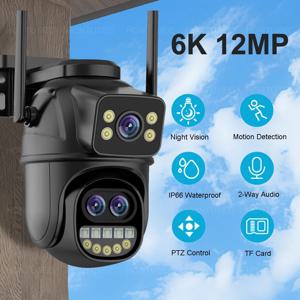 6K 12MP ICSEE Wifi 보안 카메라 3 렌즈 듀얼 스크린 8X 줌 야외 방수 컬러 야간 투시경 IP66 감시 카메라