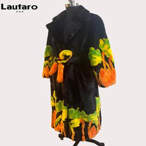 Lautaro 가을 겨울 긴 따뜻한 두꺼운 부드러운 세련된 다채로운 푹신한 가짜 밍크 모피 코트 여성 새시 럭셔리 느슨한 모피 오버 코트 2024