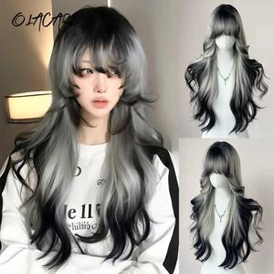 롱 바디 웨이브 검정과 회색 옹 브르 코스프레 가발 내열성 합성 가발 Bangs 여성용 천연 로리타 가발 할로윈 LM