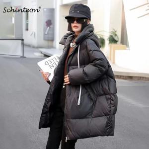 Schinteon 여성용 캐쥬얼 다운 재킷, 루즈 오버 사이즈, 두꺼운 따뜻한 외투, 후드 포함, 화이트 덕 다운 롱 코트, 가을, 겨울, 2024 신상